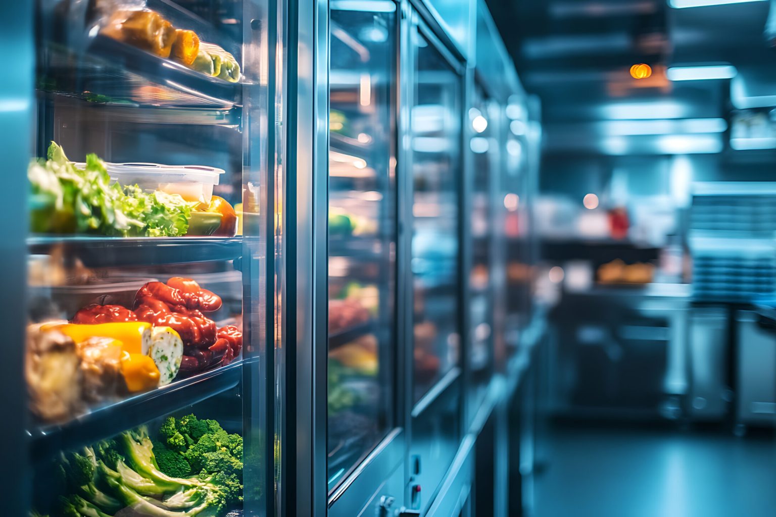 Fresh vegetables and fruits are displayed in refrigeration chamber with glass doors, showcasing variety of colorful produce in modern kitchen setting. cool ambiance enhances freshness of items.