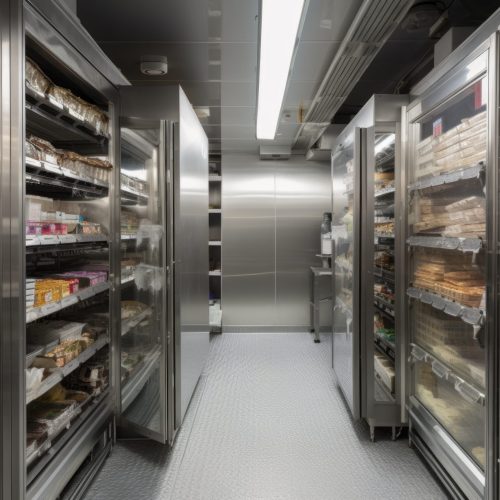 remarkable walk-in freezer, with towering stacks of frozen products and frozen exterior, created with generative ai